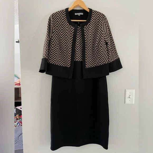 Danny and Nicole Black & Tan Chevron Black Dress & Cardigan Set - Picture 1 of 8